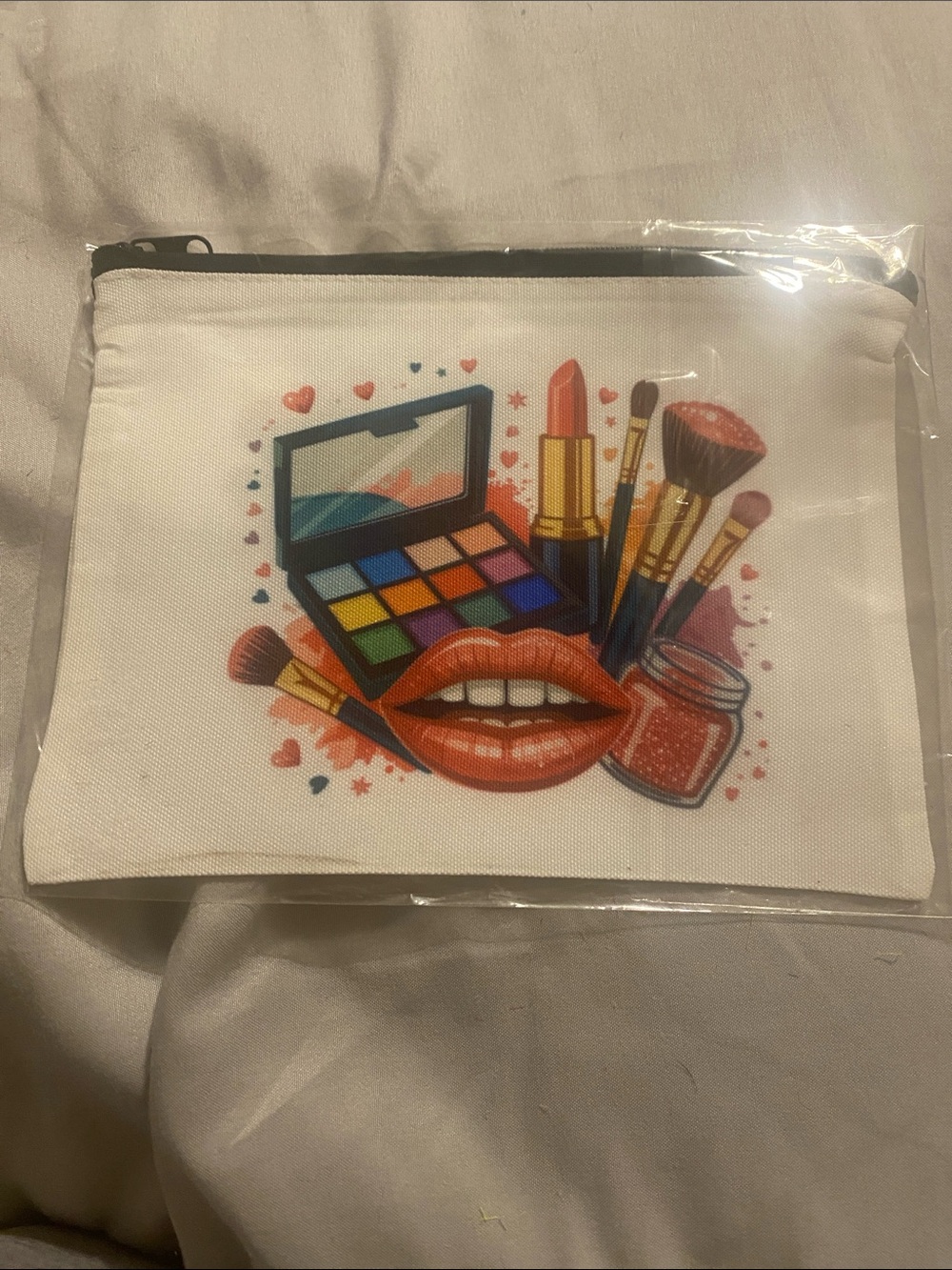 Canvas Makeup Pouch with Colorful Cosmetics Illustration - White